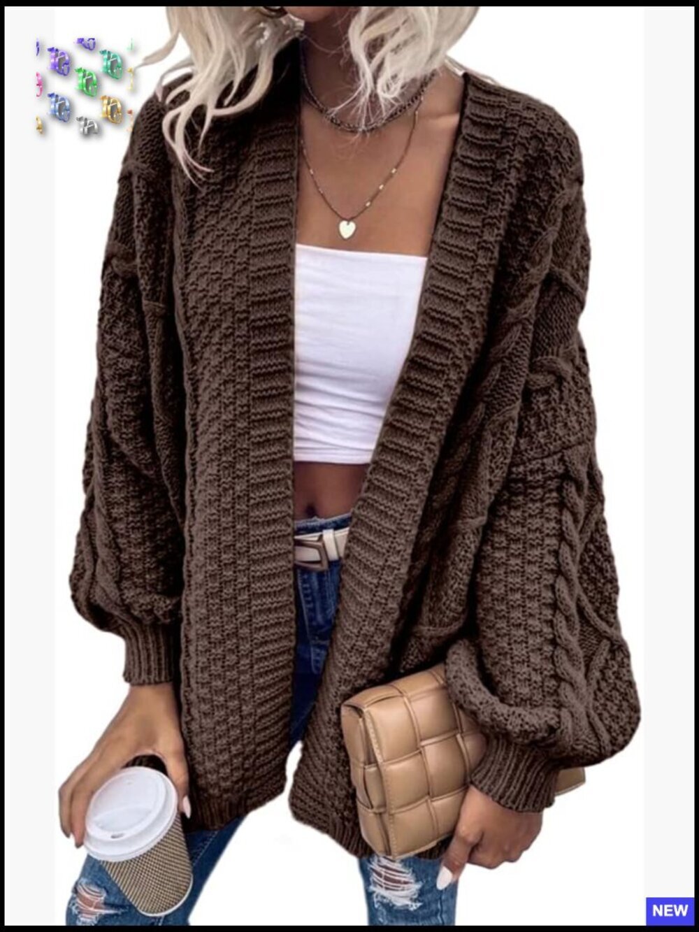 Oversized Open Front Cable Knit Chunky Cardigan Long Sleeve Lantern Sleeve